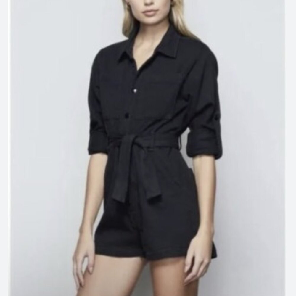 Good American Black Long Sleeve Twill Romper Belted Button Front Cotton Size 0
